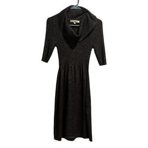 Evan Picone Sweater Dress Womens Small Black Short Sleeve Knee Length Cowl Neck